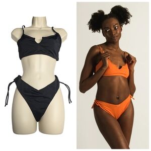 Skinny Dip Ribbed Black V-Shape Bikini Bottom/Notched Top Size Large NWOT